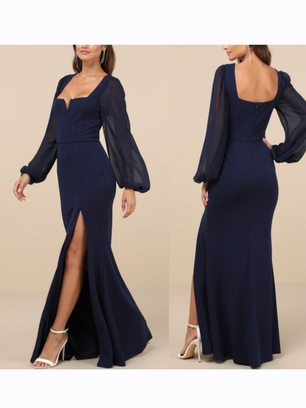 NWT Lulus Beautiful Navy Square V-Neck Chiffon Sleeve Dress